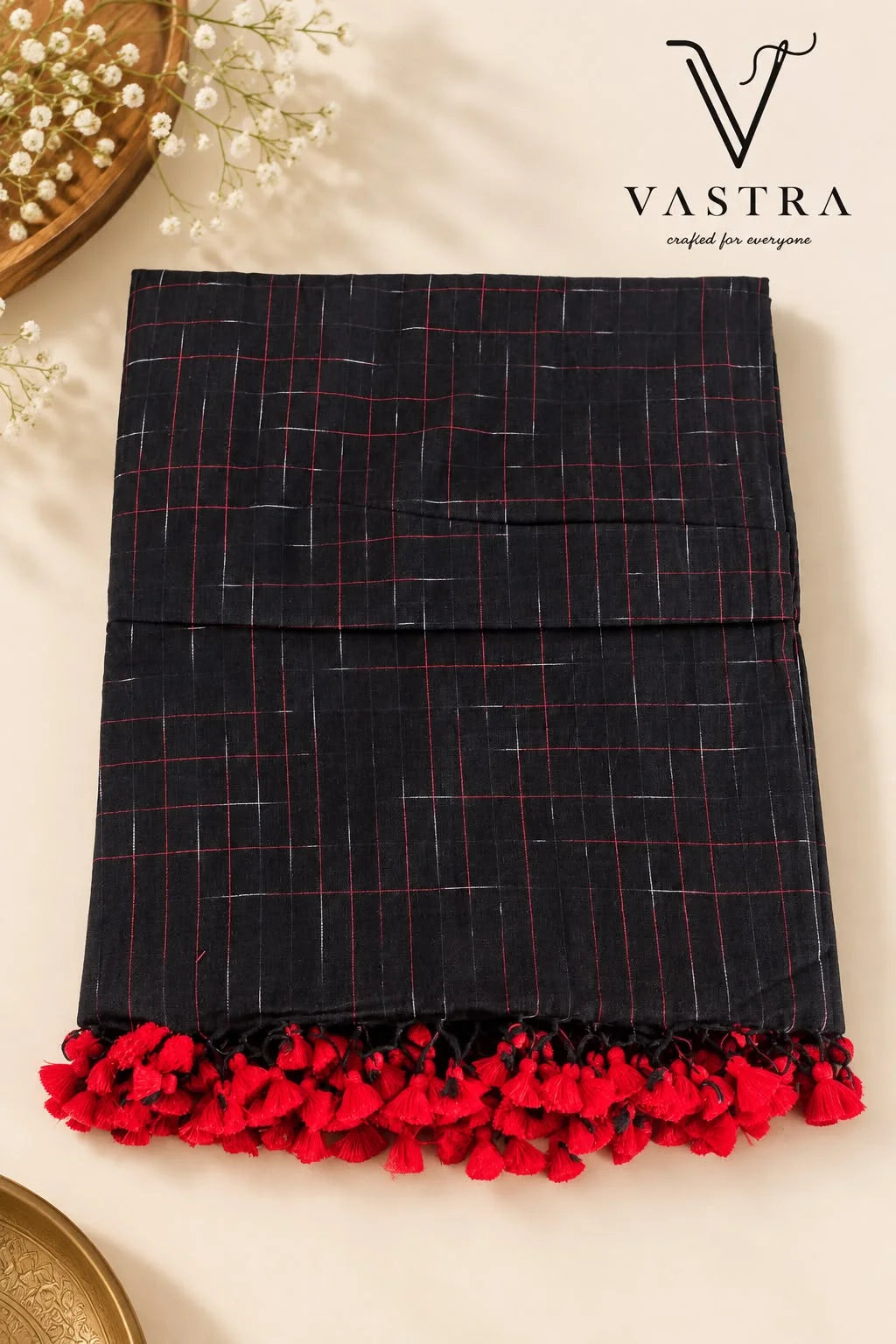 Black Mul Cotton Saree with Red Tassels