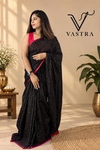 Black Mul Cotton Saree with Red Tassels