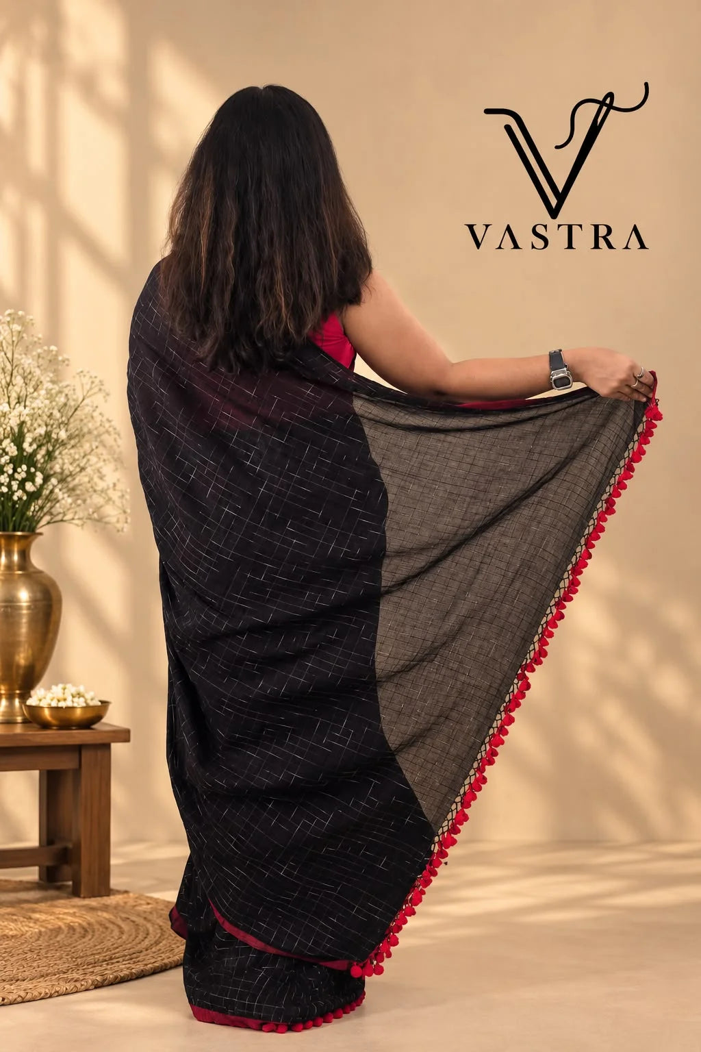 Black Mul Cotton Saree with Red Tassels