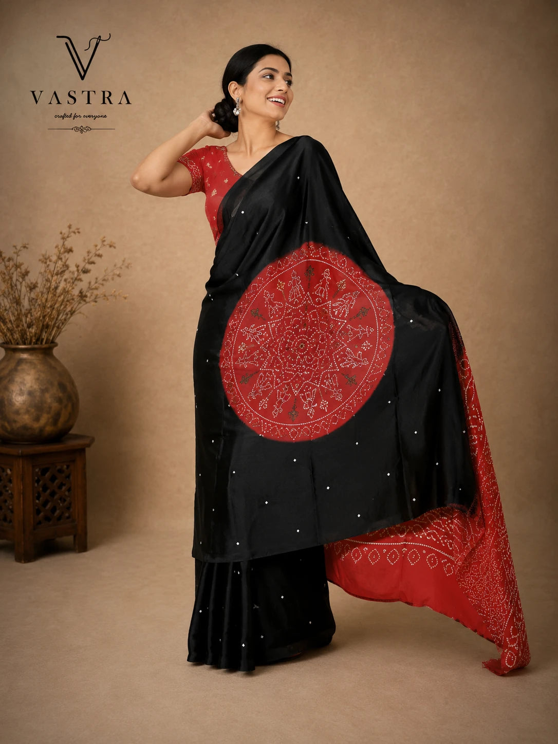 Black & Red Gajji Silk Saree with Heavy Mirror Work