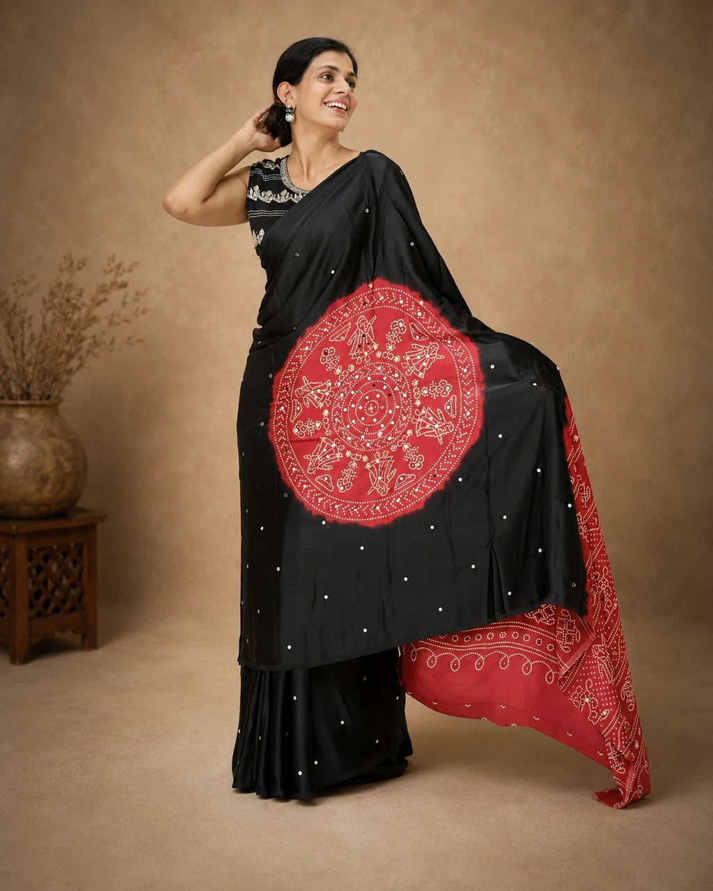 Black & Red Gajji Silk Saree with Heavy Mirror Work