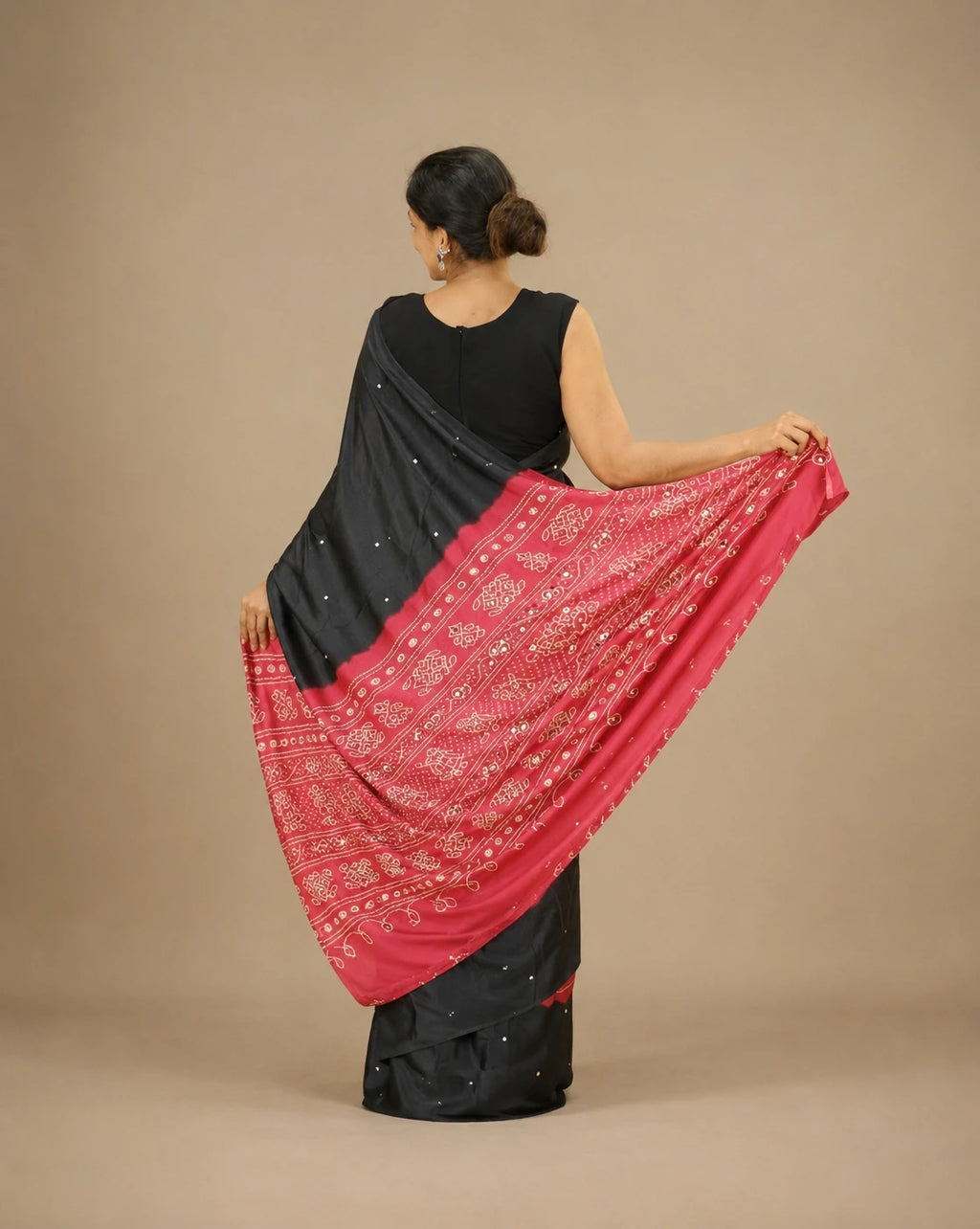 Black & Red Gajji Silk Saree with Heavy Mirror Work