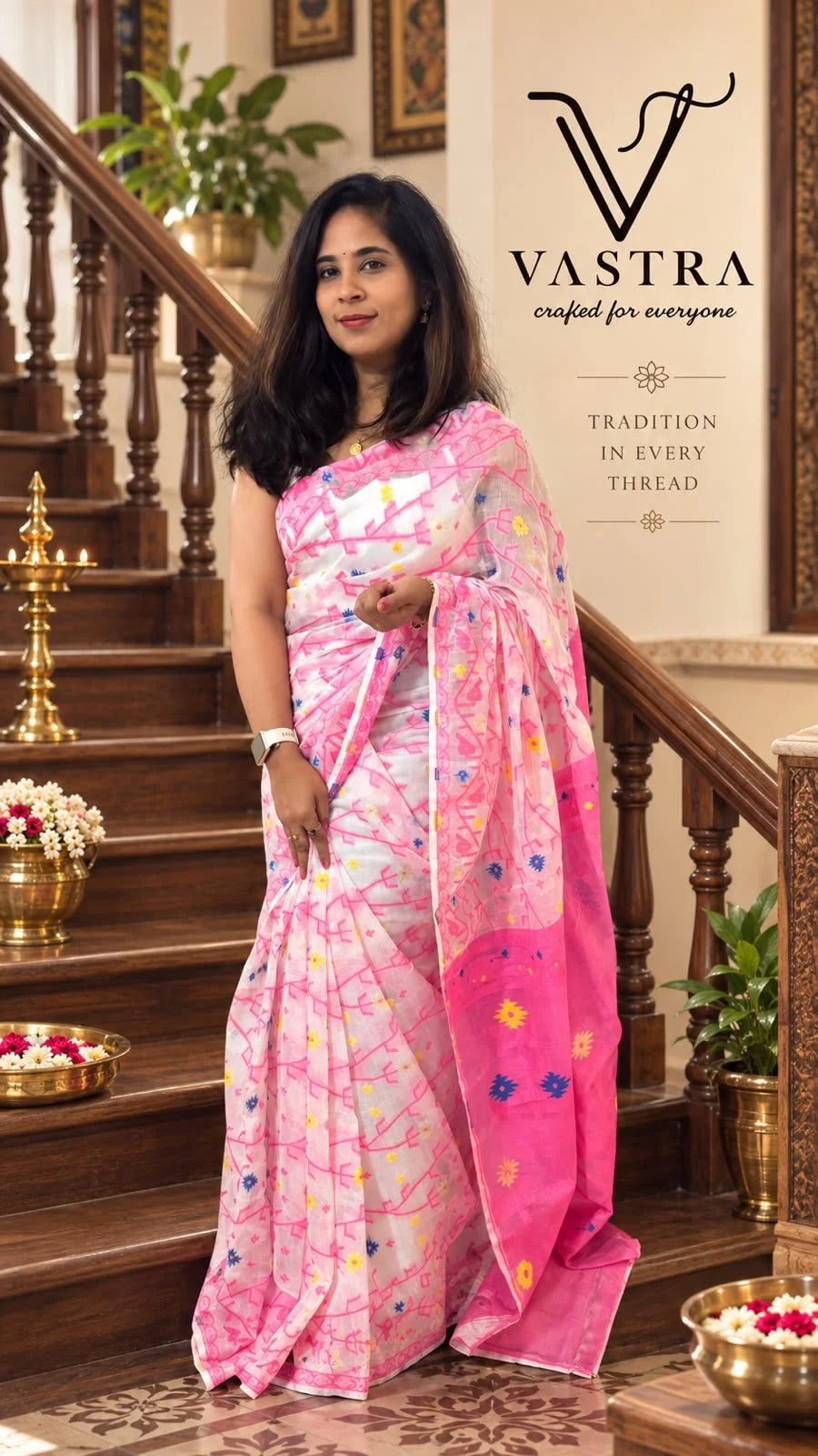 Blush Pink Handloom Jamdani Saree with Running Blouse