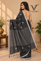 Charcoal Black Kota Slub Silk Saree with Woven Motifs