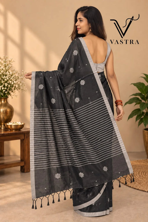 Charcoal Black Kota Slub Silk Saree with Woven Motifs