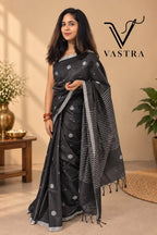 Charcoal Black Kota Slub Silk Saree with Woven Motifs