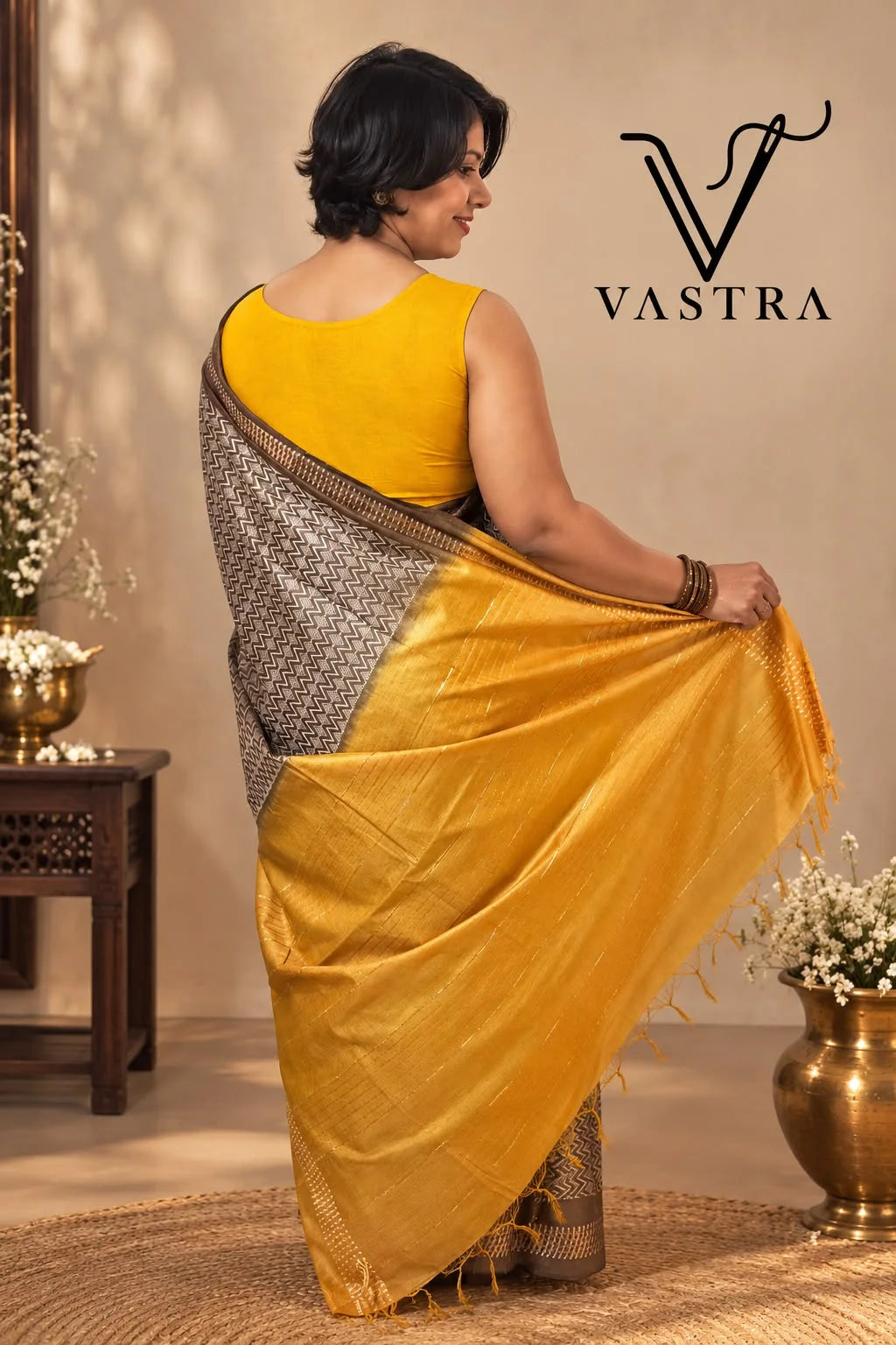 Chocolate Brown Kota Staple Silk Saree with Mustard Contrast Blouse