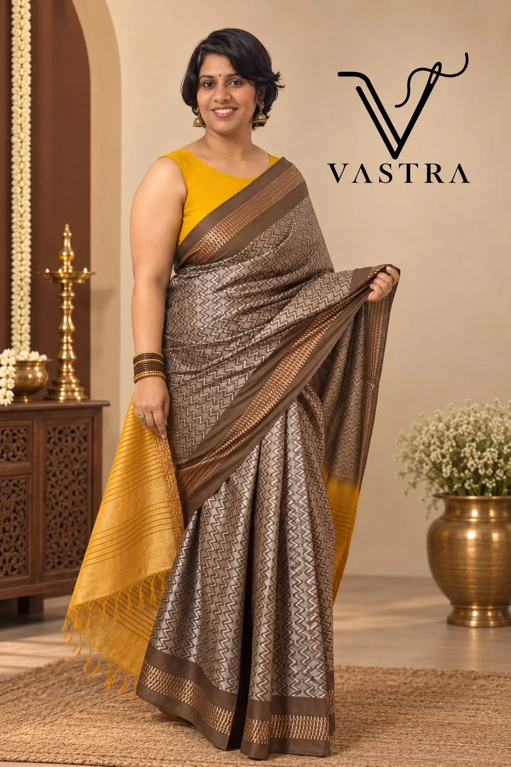Chocolate Brown Kota Staple Silk Saree with Mustard Contrast Blouse