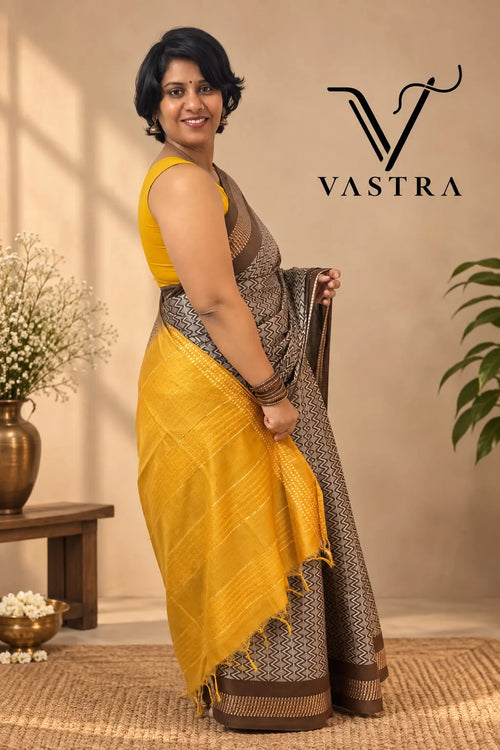 Chocolate Brown Kota Staple Silk Saree with Mustard Contrast Blouse