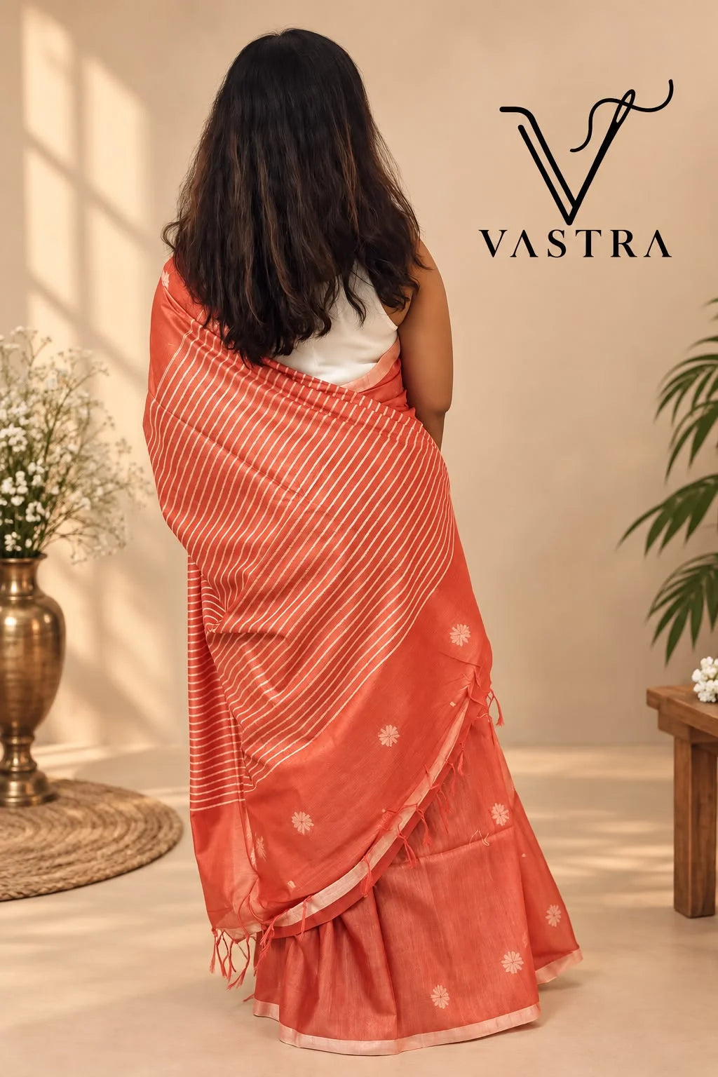 Coral Orange Kota Slub Silk Saree with Woven Motifs