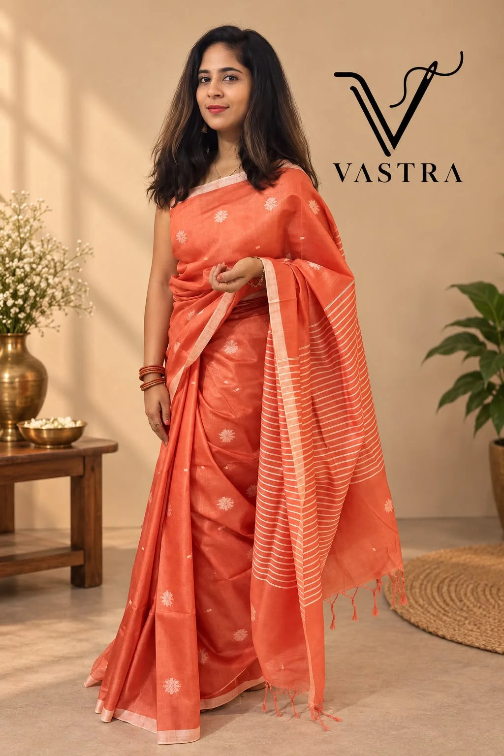 Coral Orange Kota Slub Silk Saree with Woven Motifs