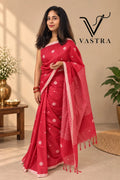 Crimson Red Kota Slub Silk Saree with Woven Motifs