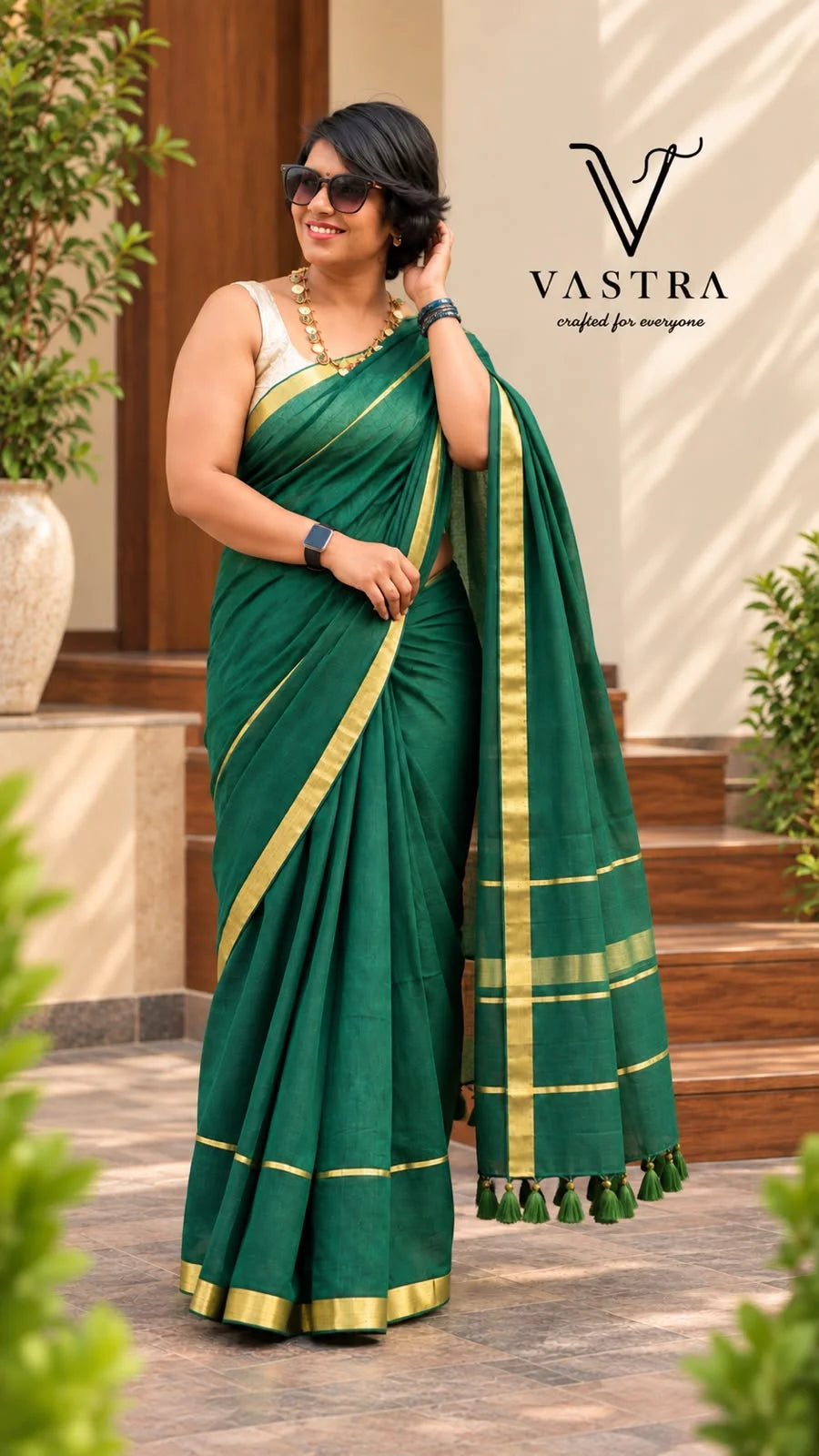Emerald Green Mul Cotton Saree with Zari Border