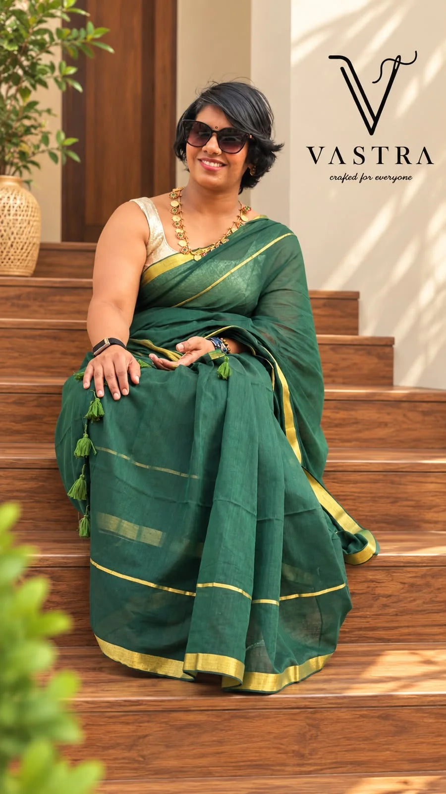 Emerald Green Mul Cotton Saree with Zari Border
