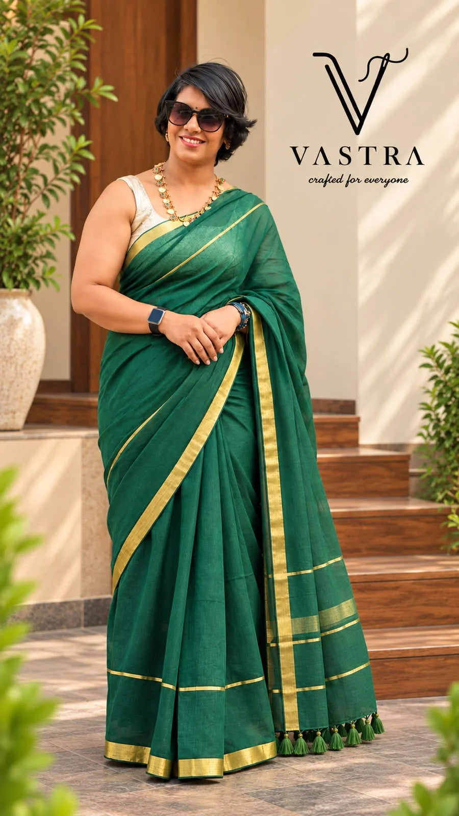 Emerald Green Mul Cotton Saree with Zari Border