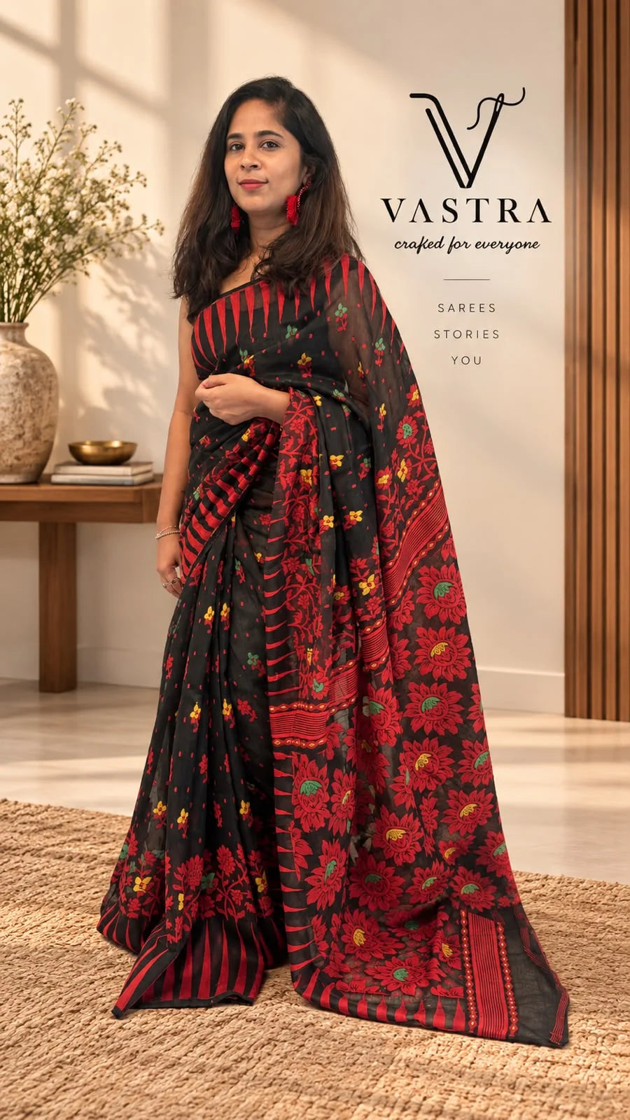 Handloom Jamdani Cotton Saree - Black & Blue Colour
