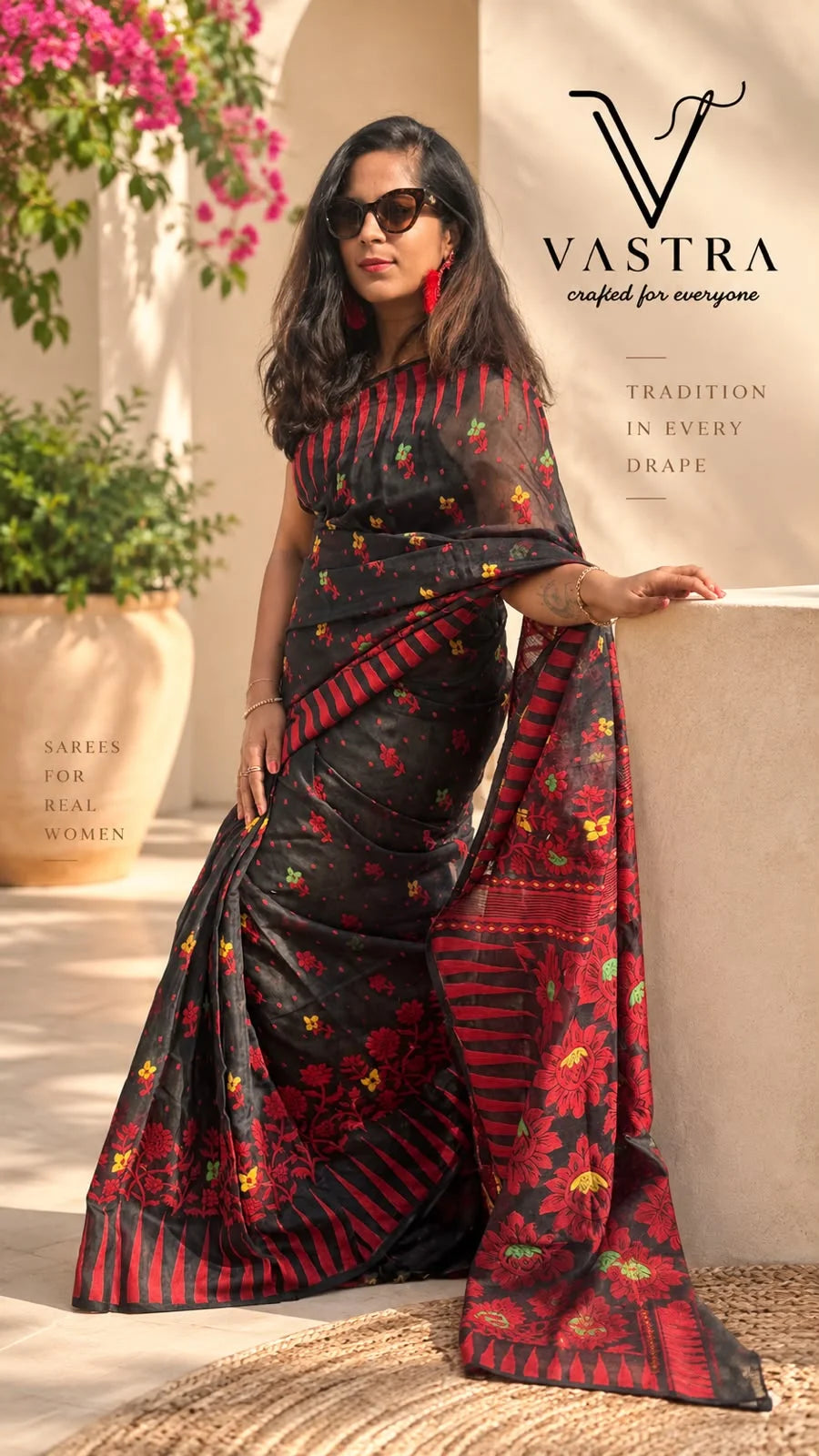 Handloom Jamdani Cotton Saree - Black & Blue Colour