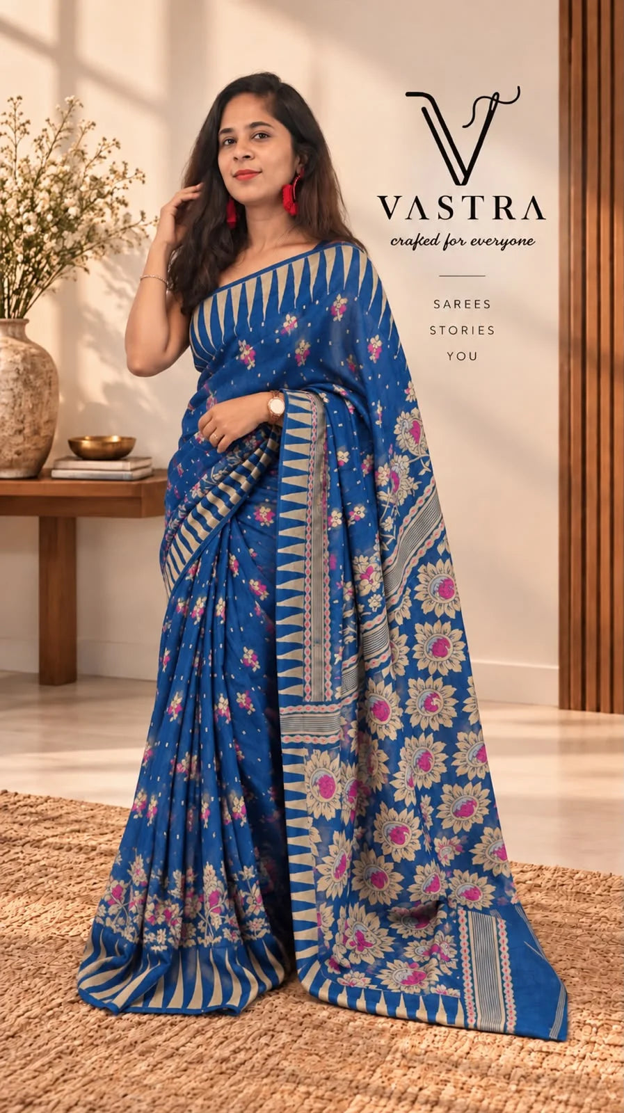 Handloom Jamdani Cotton Saree - Black & Blue Colour