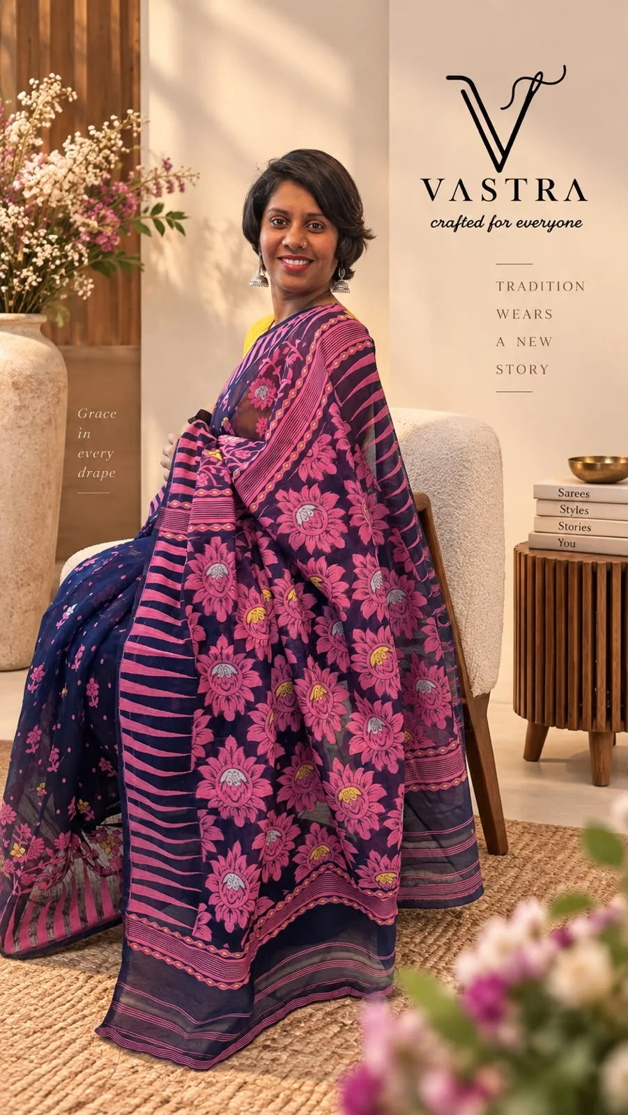 Handloom Jamdani Cotton Saree - Black & Blue Colour