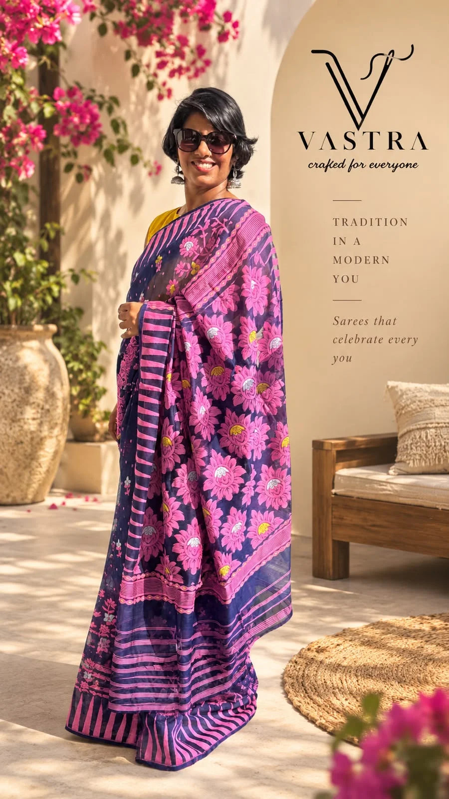 Handloom Jamdani Cotton Saree - Black & Blue Colour