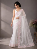 Ivory White Crush Organza Silk Saree with Turkish Work