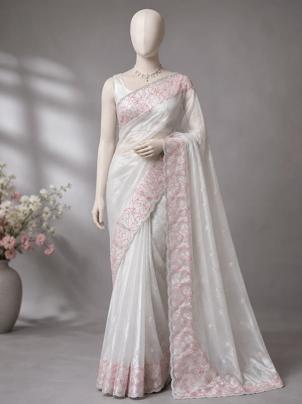Ivory White Crush Organza Silk Saree with Turkish Work