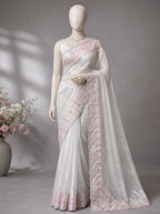 Ivory White Crush Organza Silk Saree with Turkish Work