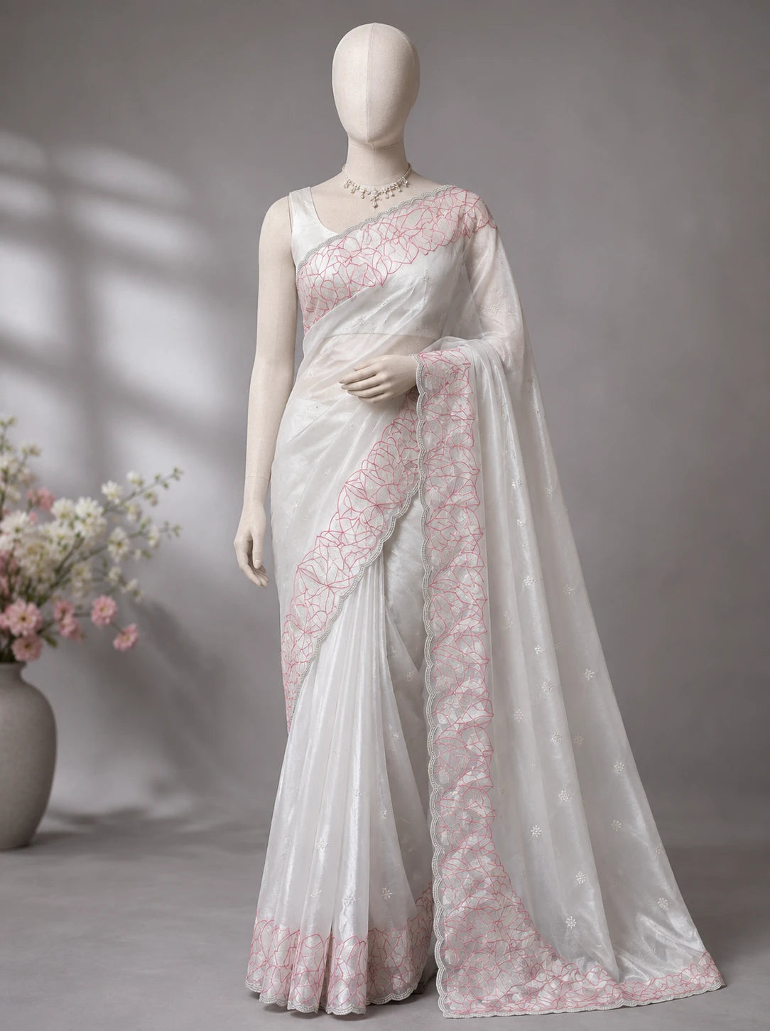 Ivory White Crush Organza Silk Saree with Turkish Work