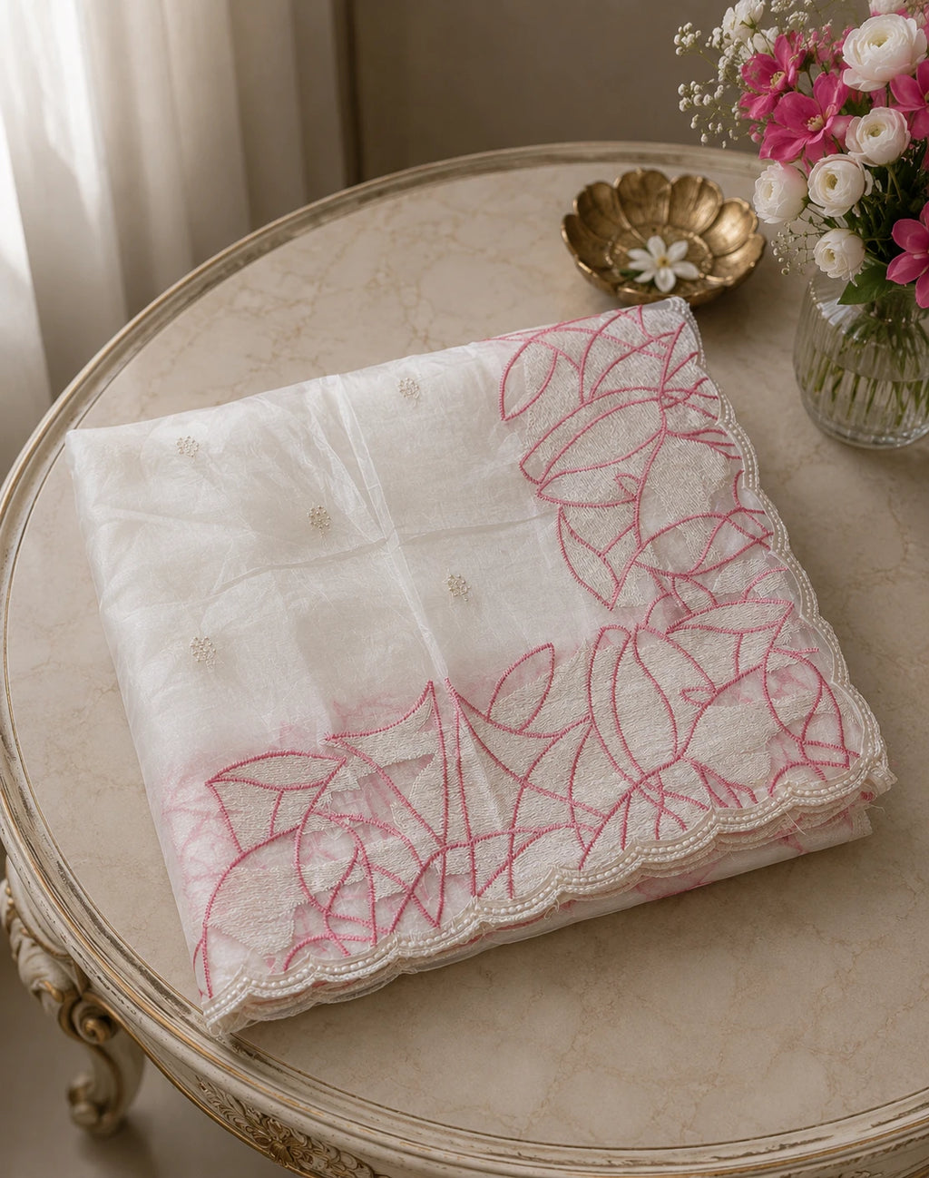 Ivory White Crush Organza Silk Saree with Turkish Work