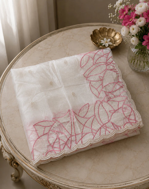 Ivory White Crush Organza Silk Saree with Turkish Work
