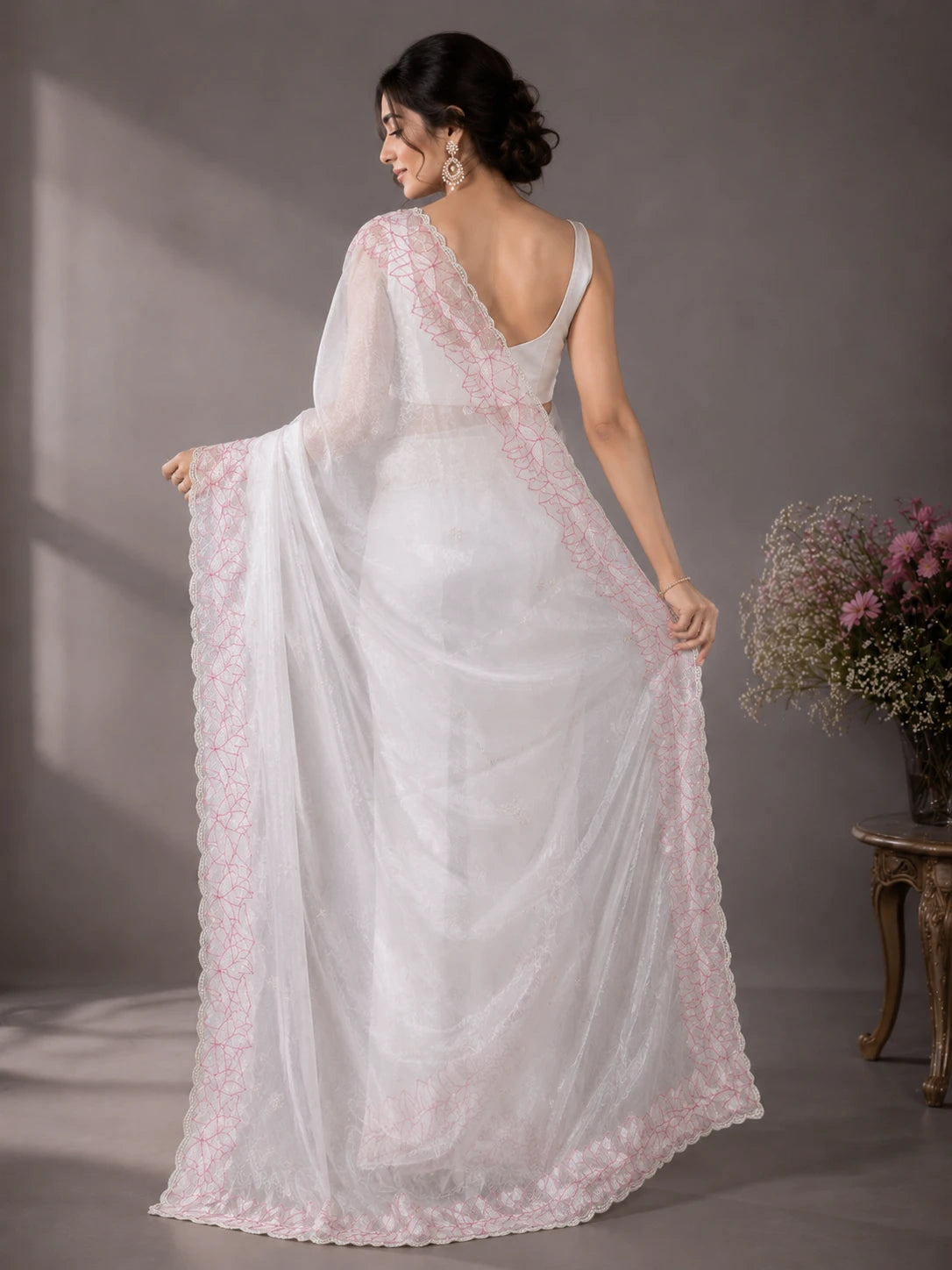 Ivory White Crush Organza Silk Saree with Turkish Work