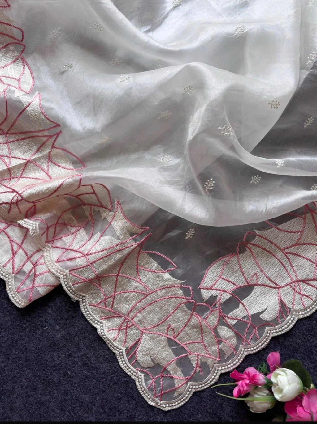 Ivory White Crush Organza Silk Saree with Turkish Work