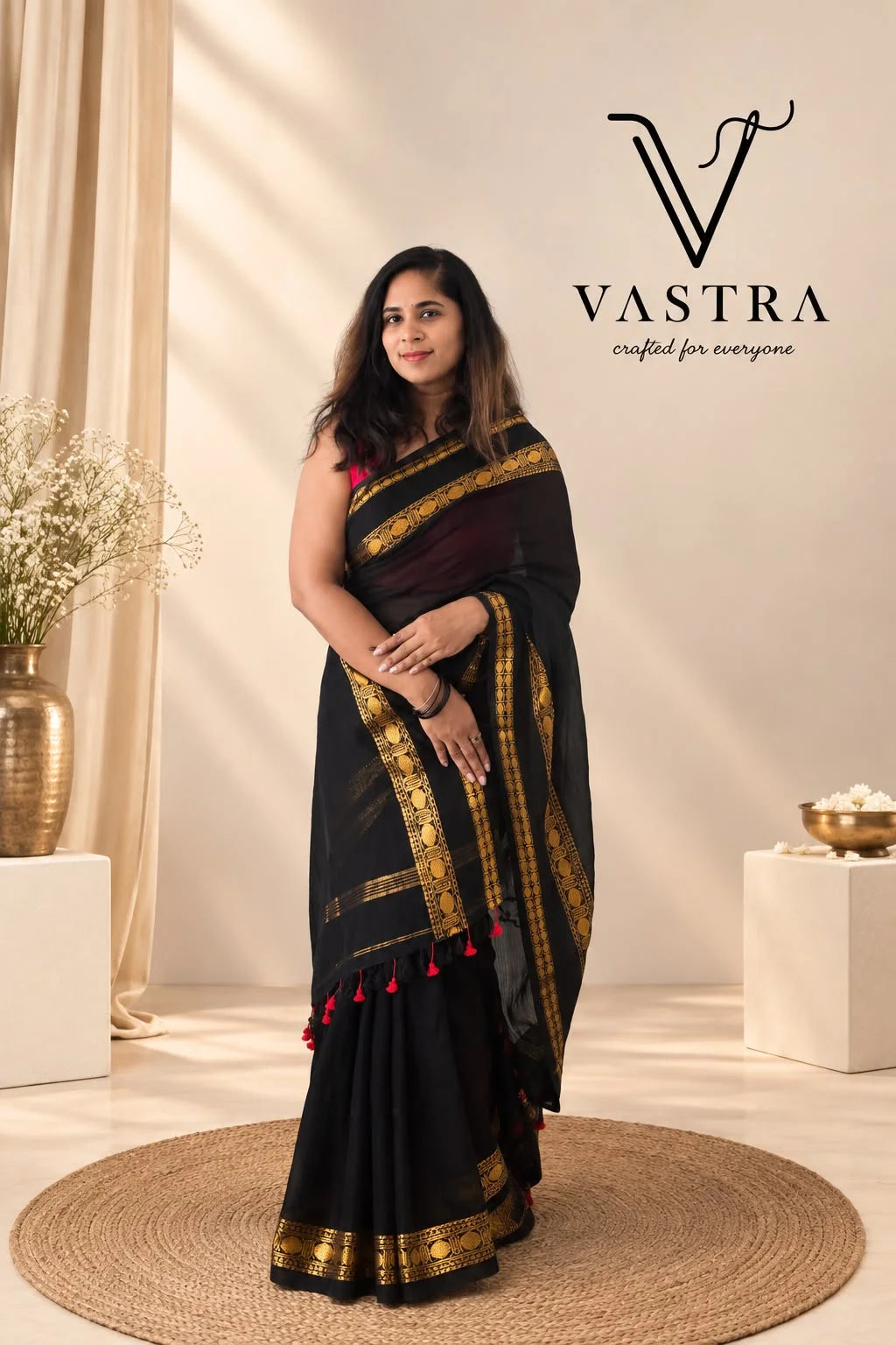 Kanchipuram Handloom Cotton Saree - Black with Gold Zari and Tassels