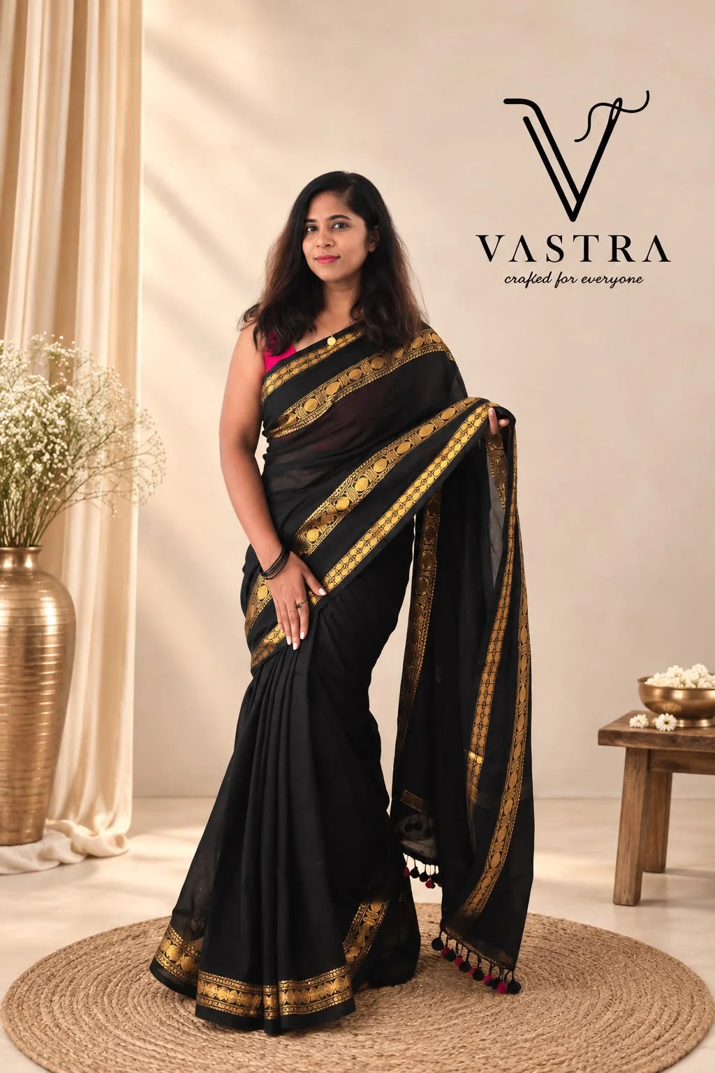 Kanchipuram Handloom Cotton Saree - Black with Gold Zari and Tassels