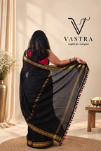 Kanchipuram Handloom Cotton Saree - Black with Gold Zari and Tassels