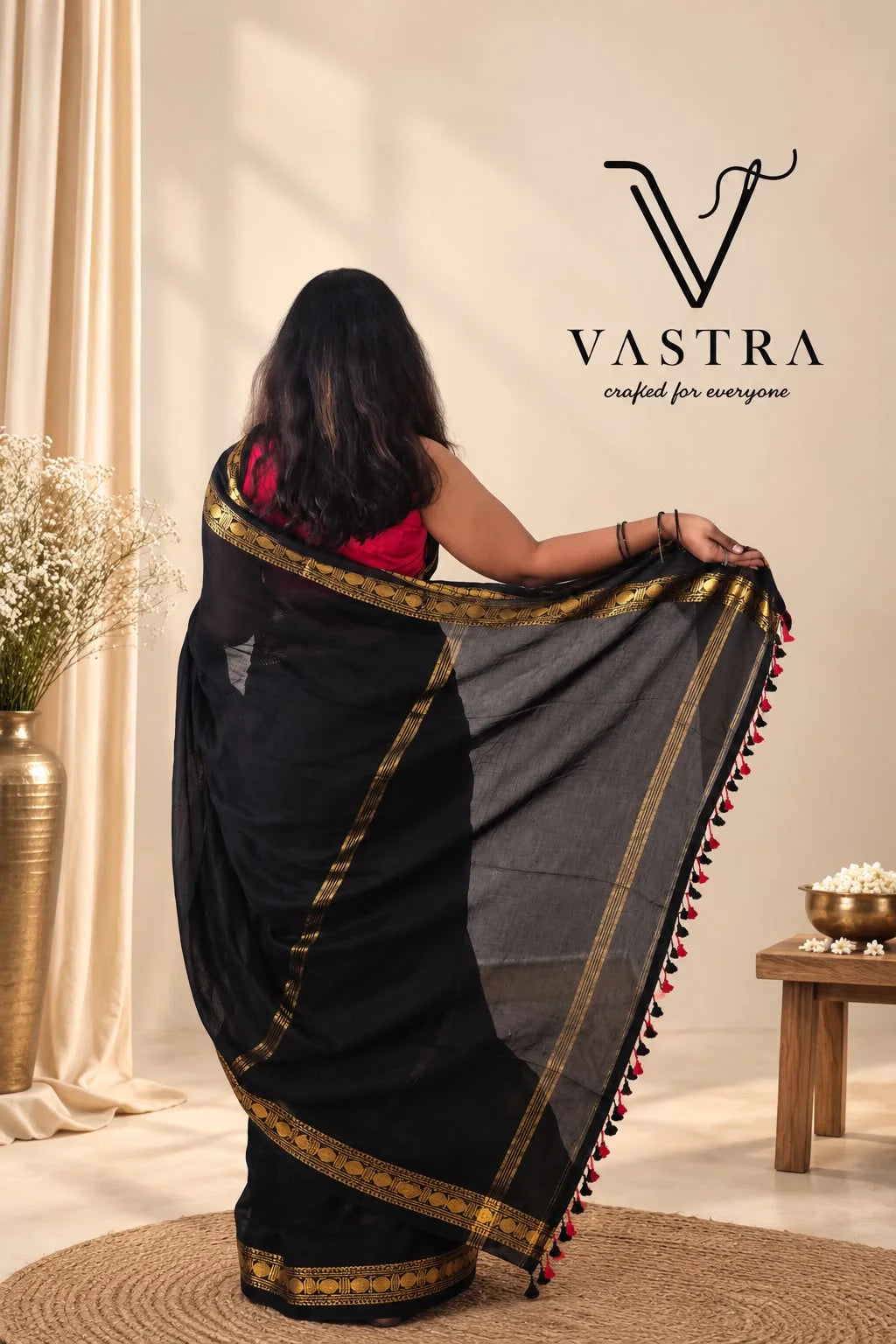 Kanchipuram Handloom Cotton Saree - Black with Gold Zari and Tassels