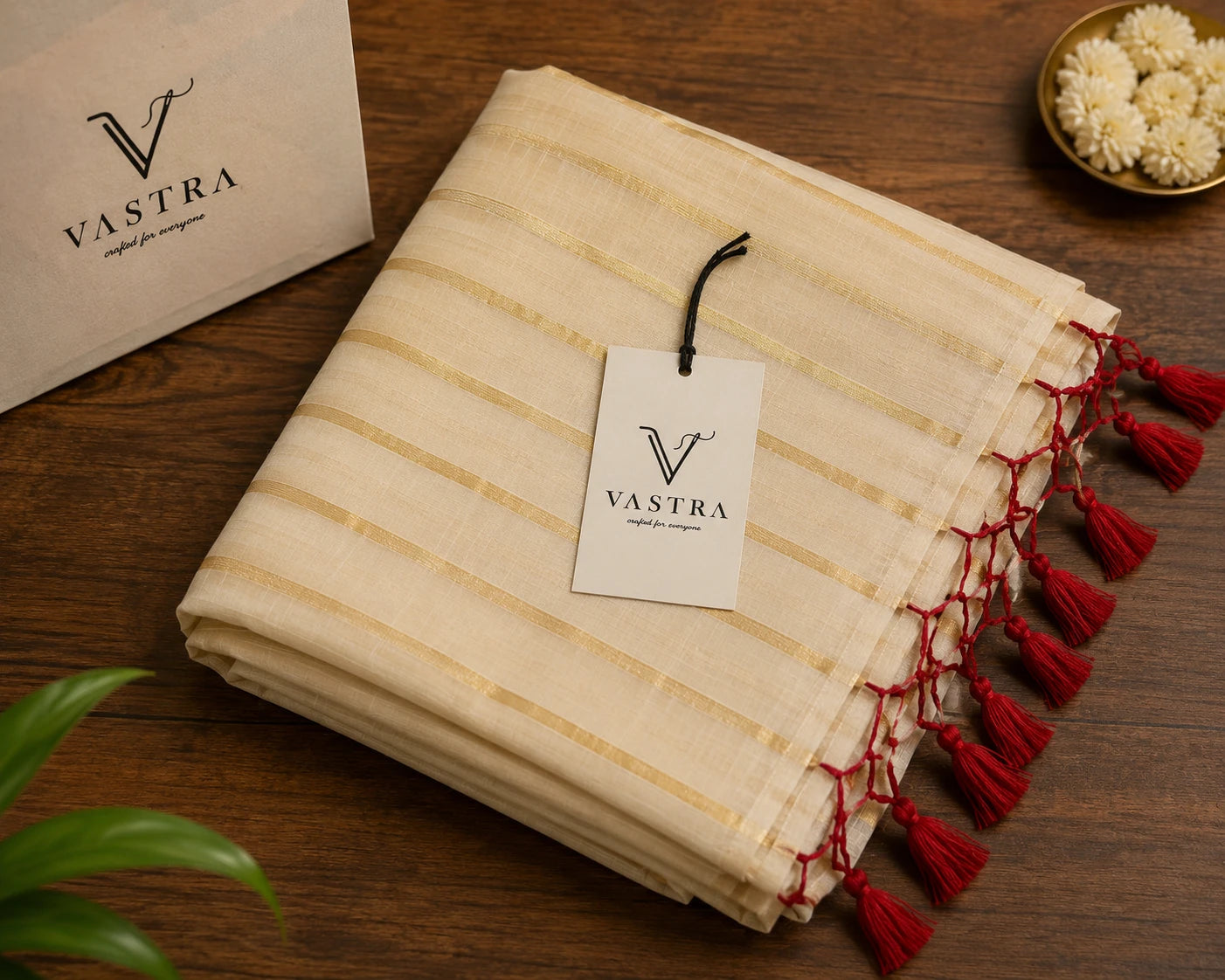 Kerala Soft Cotton Saree with Golden Stripes & Pink Tassel Detailing
