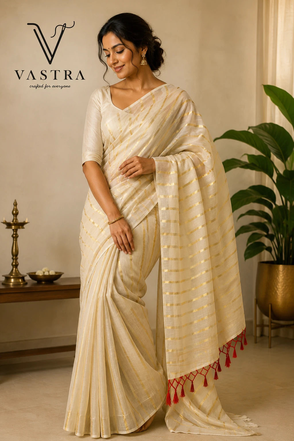 Kerala Soft Cotton Saree with Golden Stripes & Pink Tassel Detailing
