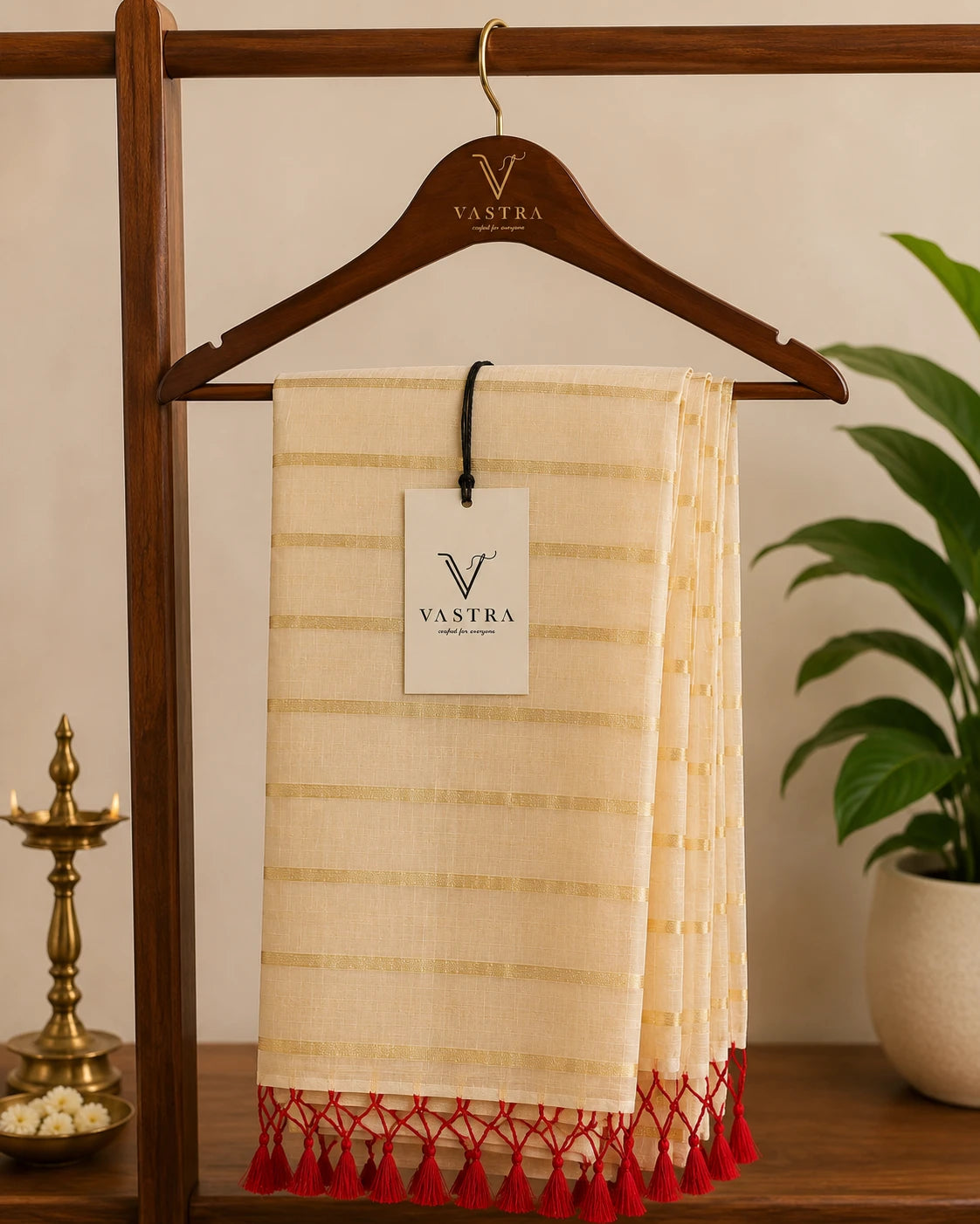 Kerala Soft Cotton Saree with Golden Stripes & Pink Tassel Detailing