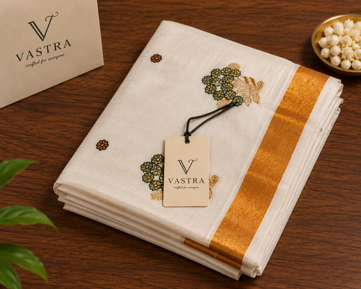 Kerala Soft Kasavu Saree with Floral Embroidery