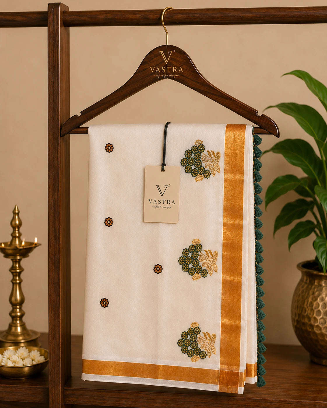 Kerala Soft Kasavu Saree with Floral Embroidery
