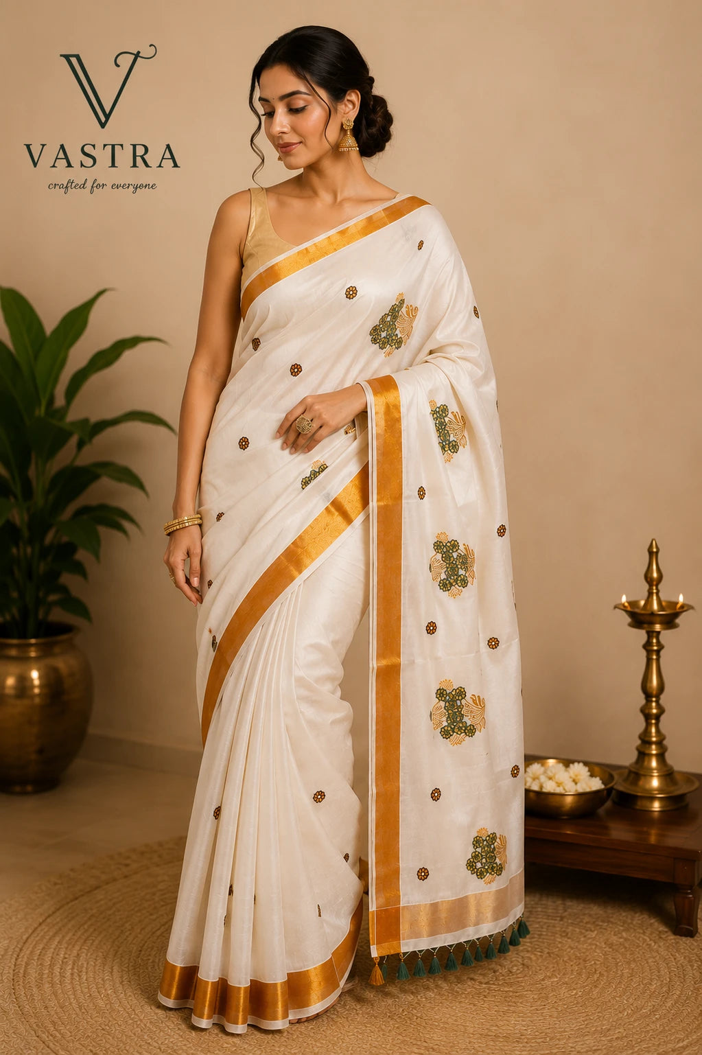 Kerala Soft Kasavu Saree with Floral Embroidery