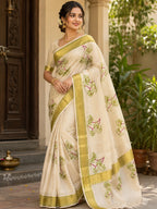 Kerala Soft Kasavu Saree with Green Floral Print & Micro Checks