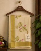 Kerala Soft Kasavu Saree with Green Floral Print & Micro Checks