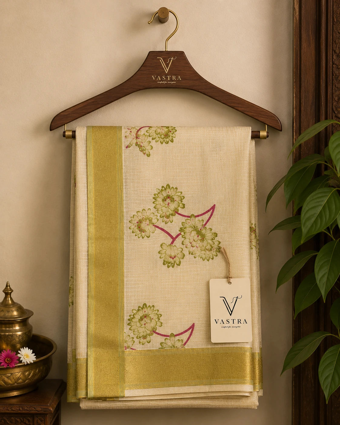 Kerala Soft Kasavu Saree with Green Floral Print & Micro Checks
