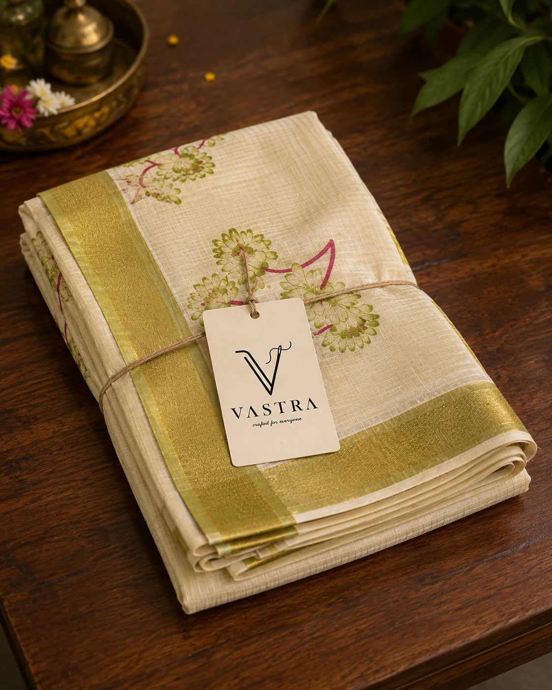 Kerala Soft Kasavu Saree with Green Floral Print & Micro Checks