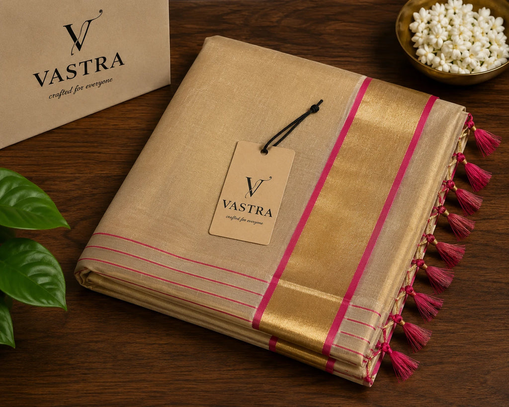 Kerala Tissue Kasavu Saree with Pink Tassel