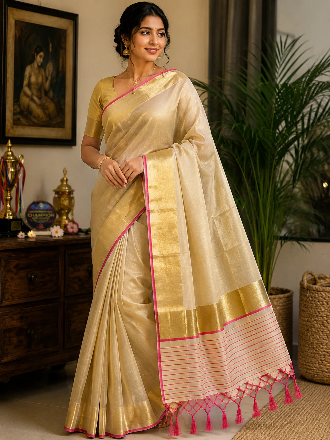Kerala Tissue Kasavu Saree with Pink Tassel