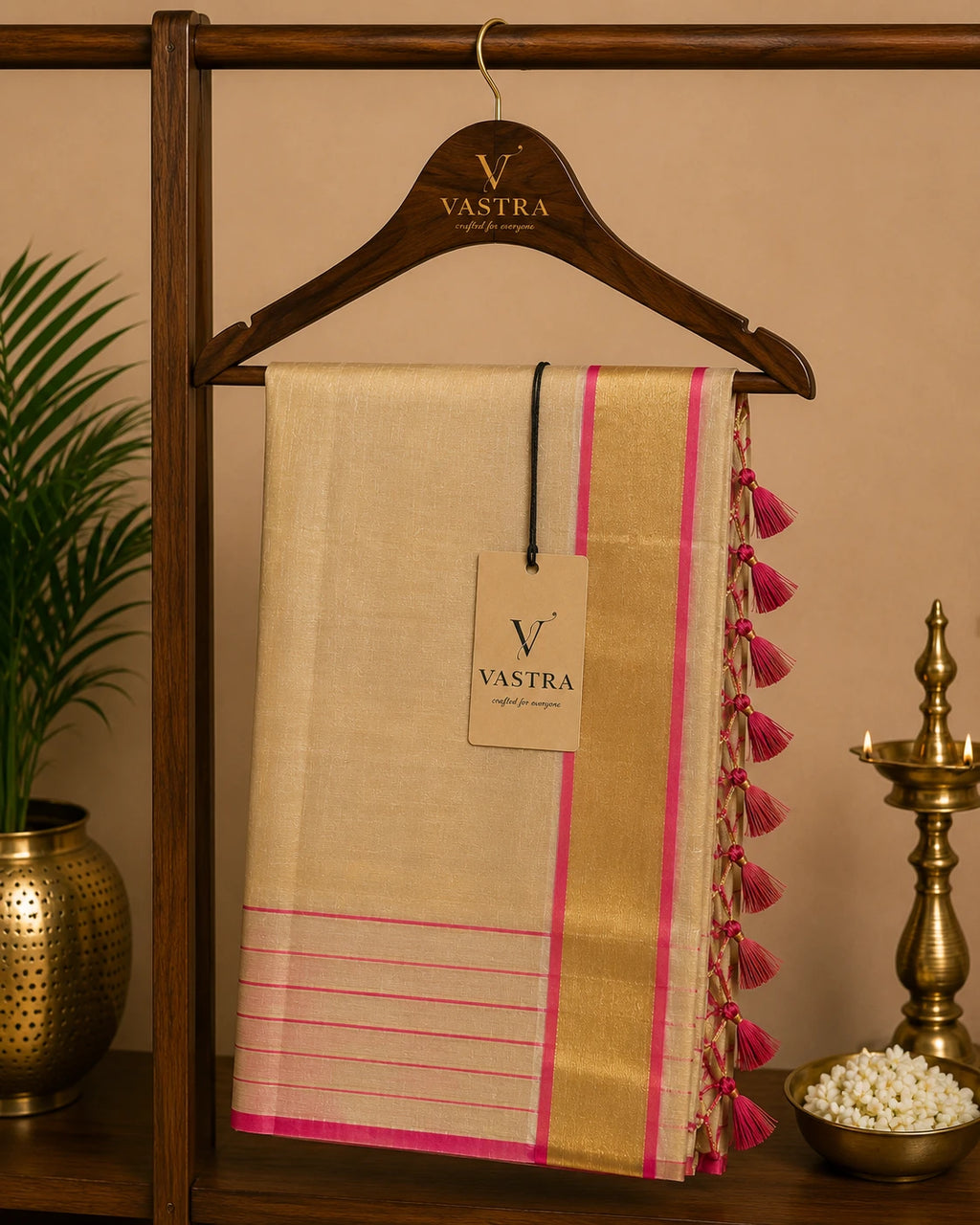 Kerala Tissue Kasavu Saree with Pink Tassel