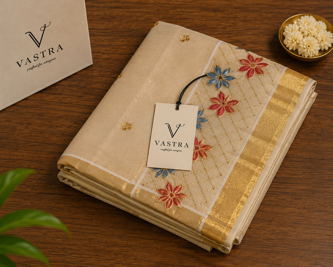 Kerala Tissue Saree with Hand-Painted Floral Design
